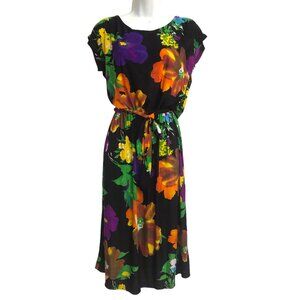 VINTAGE 70s 80s Dramatic Floral Print Midi Dress Black Jersey Stretch S Slinky